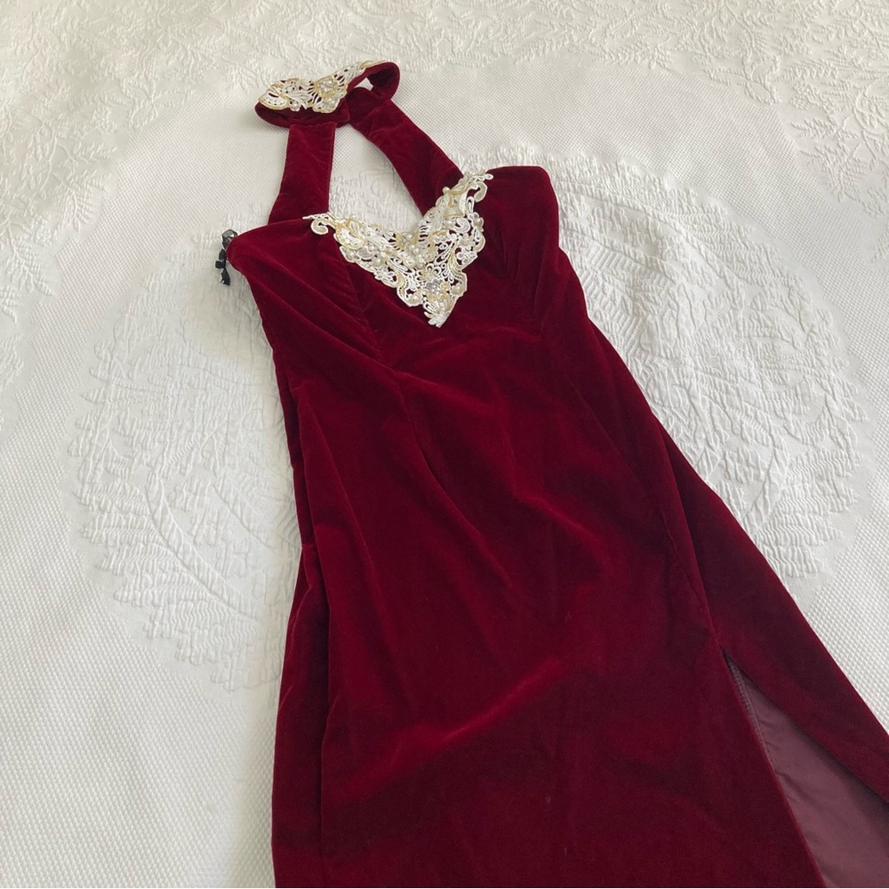 Vintage 80s Ruby velvet maxi dress high slit lace boned bodice size xxs